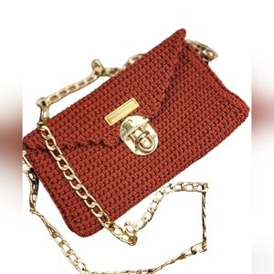 Butterfly Knit By Lisa, clutch with chain, pumpkin color